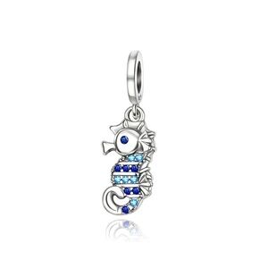 Sterling Silver Seahorse Charm with Blue Crystal Accents